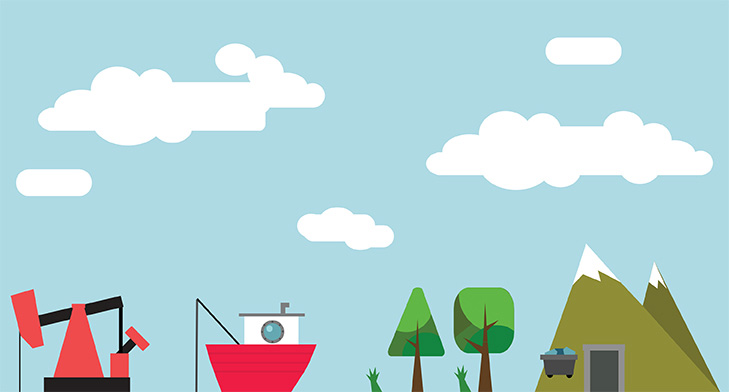 A clipart of clouds sailing over oil rigs, fishing boats, trees and mountains.
