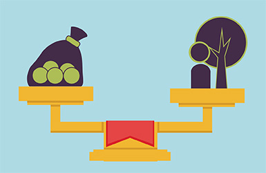 A clipart of a scale weighing sustainable development versus valuable goods.